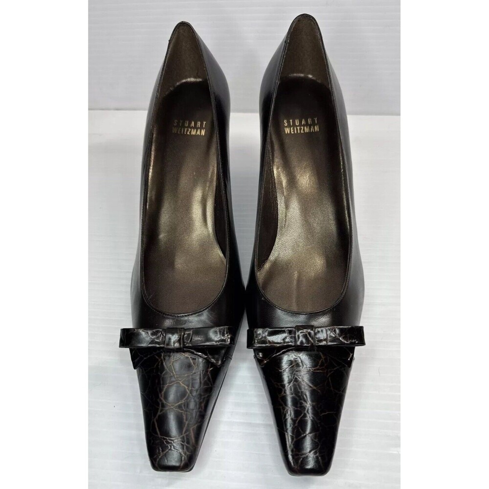 Stuart Weitzman Leather Pumps Croc Cap Toe Bow Kitten Heels Dark Brown Sz 9M